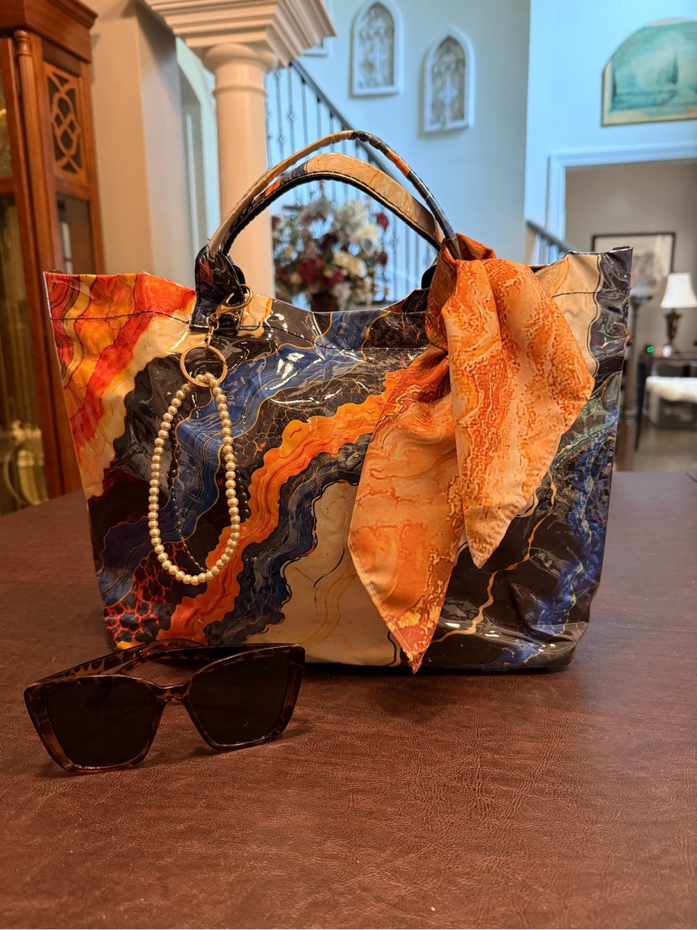 New For Fall-Abstract Marble Handbag including scarf, shades & pearl keychain.